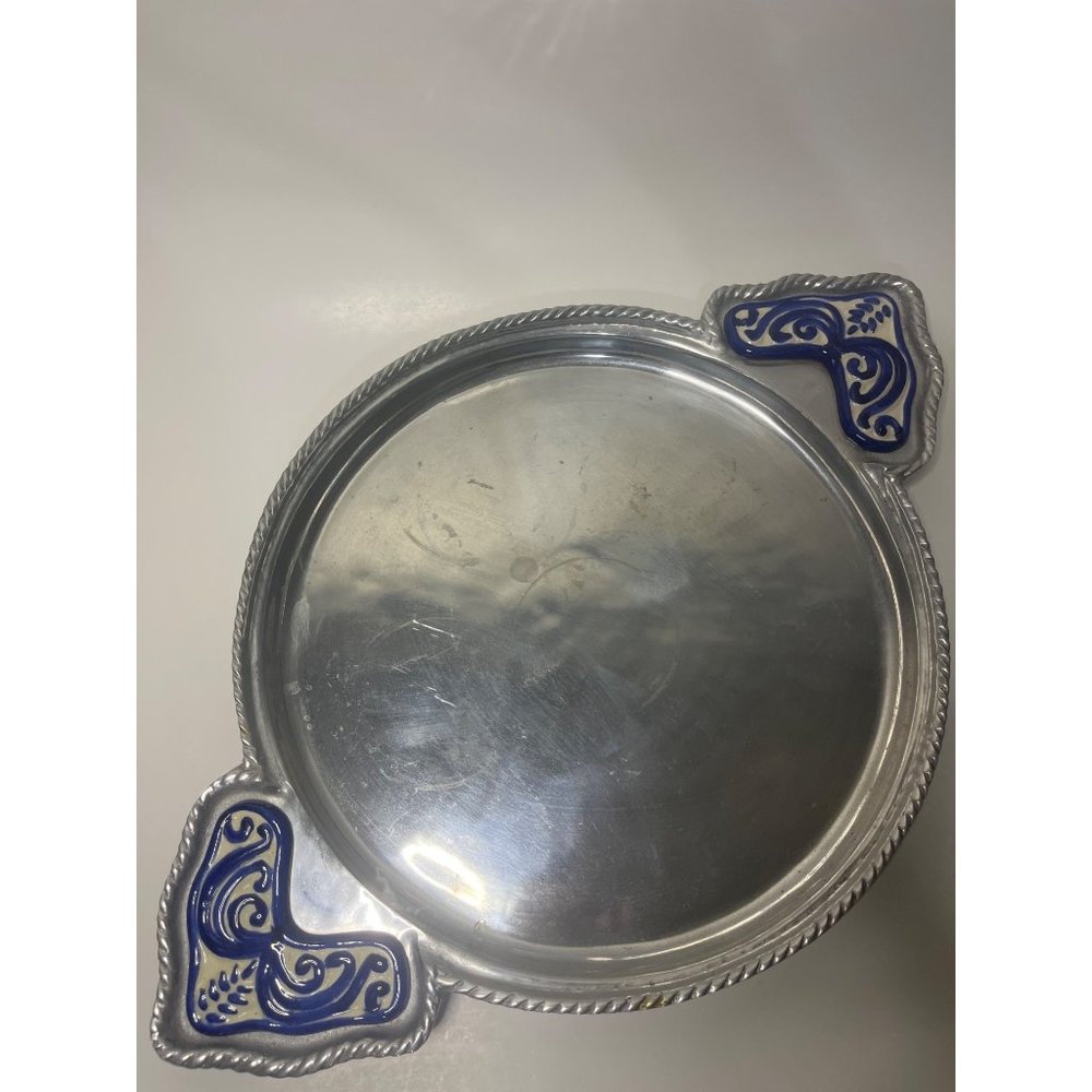 Large Mexican Pewter Serving  with Ceramic Tile Inlay Handles Rope Design